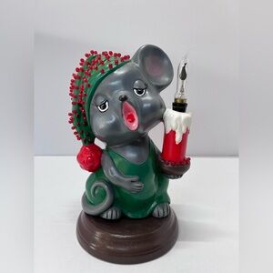 Vtg Ceramic Light Up Christmas Mouse In Santa Hat holding a candle At Plains